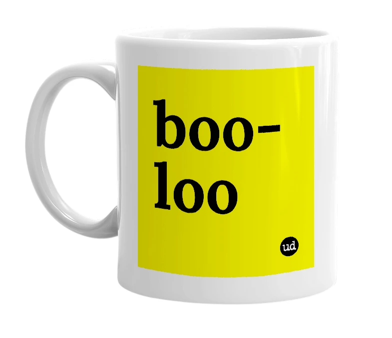 White mug with 'boo-loo' in bold black letters