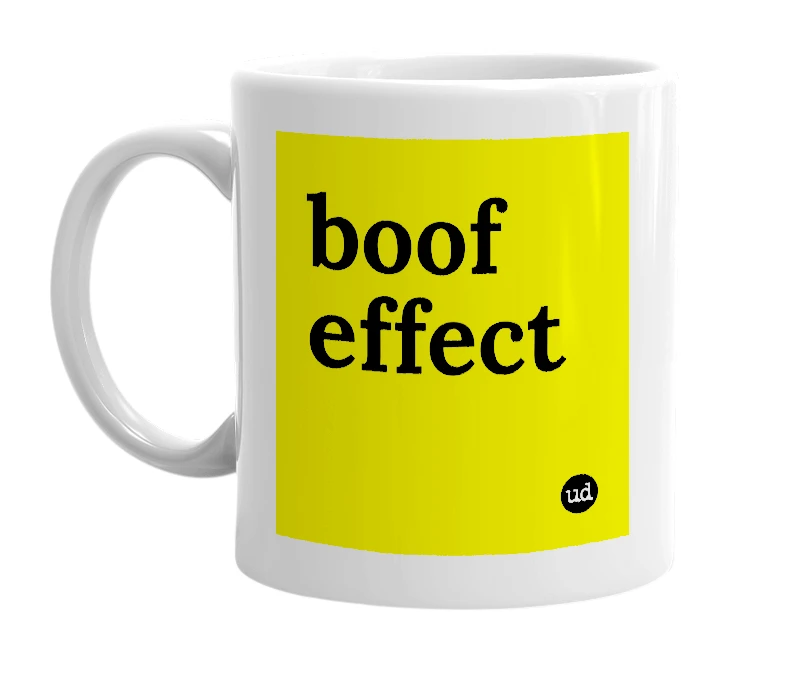 White mug with 'boof effect' in bold black letters