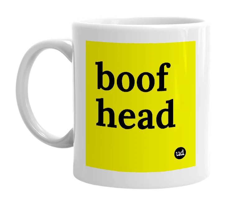White mug with 'boof head' in bold black letters