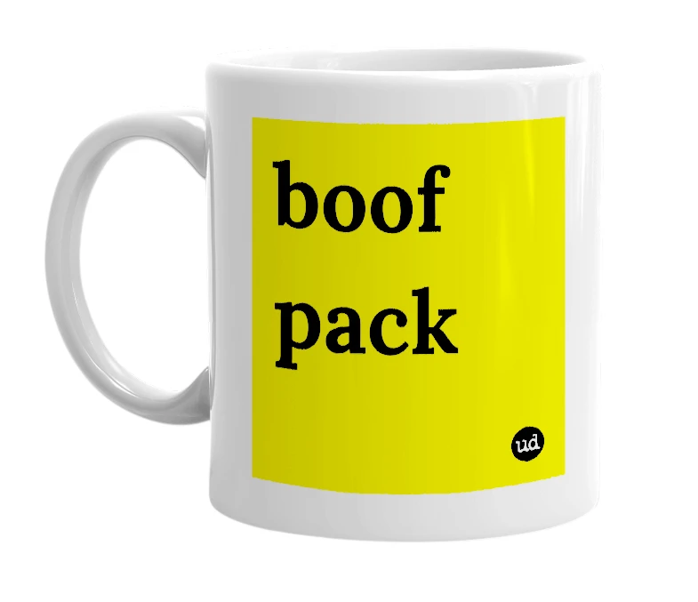 White mug with 'boof pack' in bold black letters