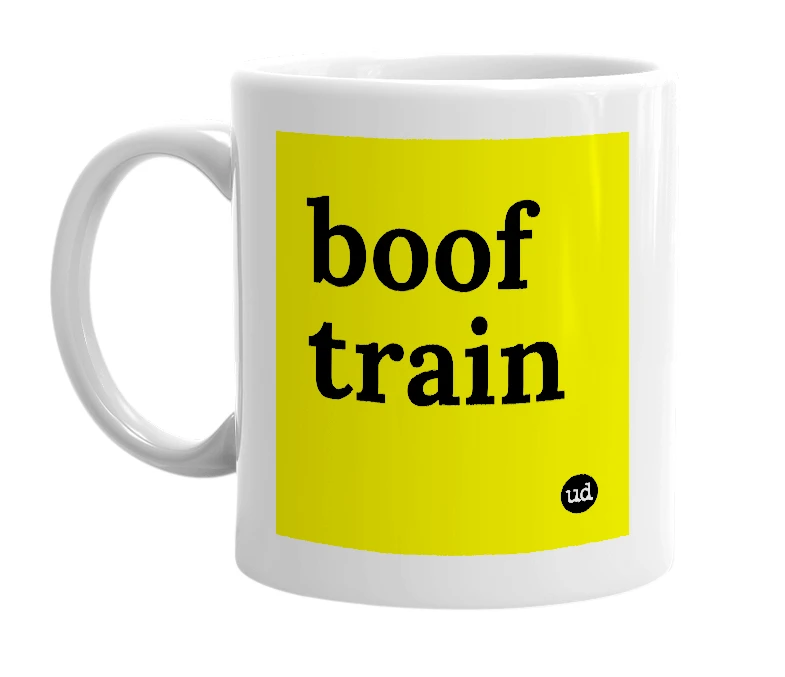 White mug with 'boof train' in bold black letters