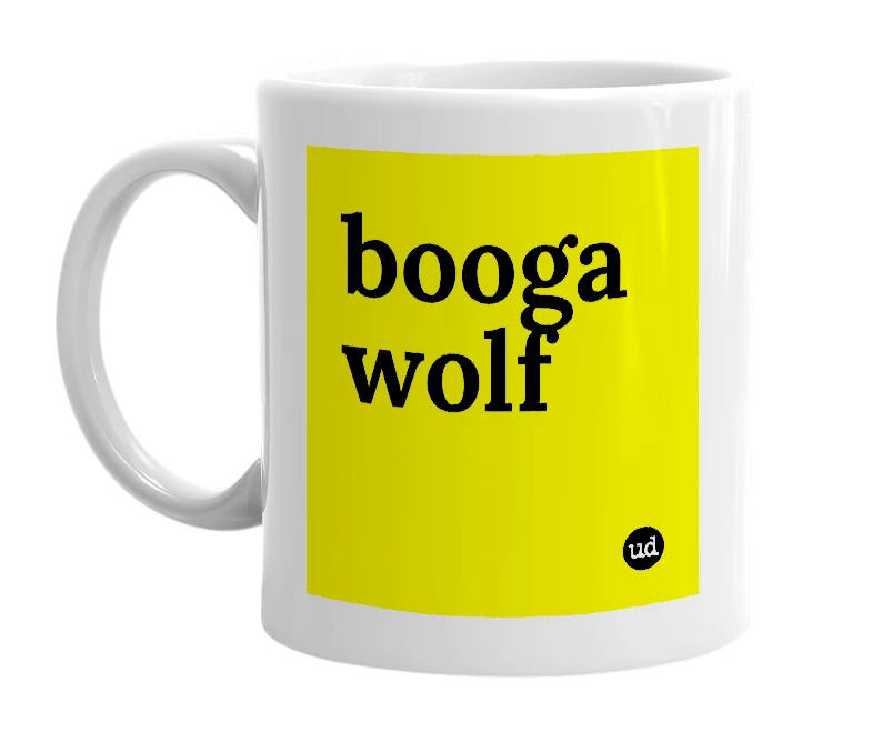 White mug with 'booga wolf' in bold black letters