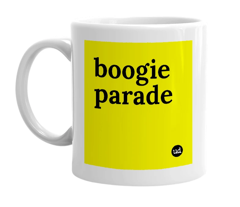 White mug with 'boogie parade' in bold black letters