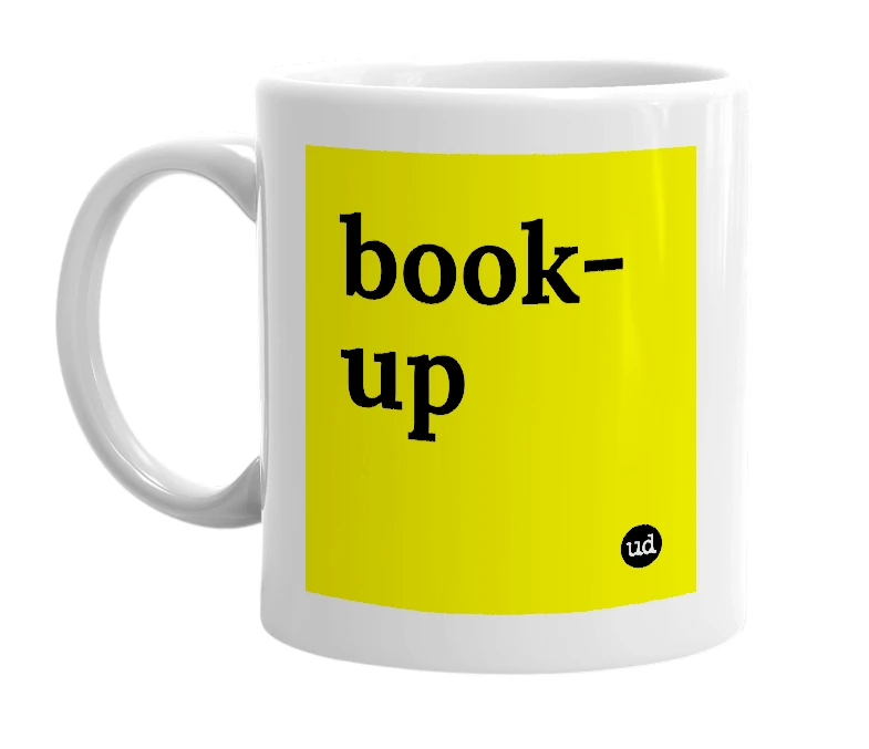 White mug with 'book-up' in bold black letters