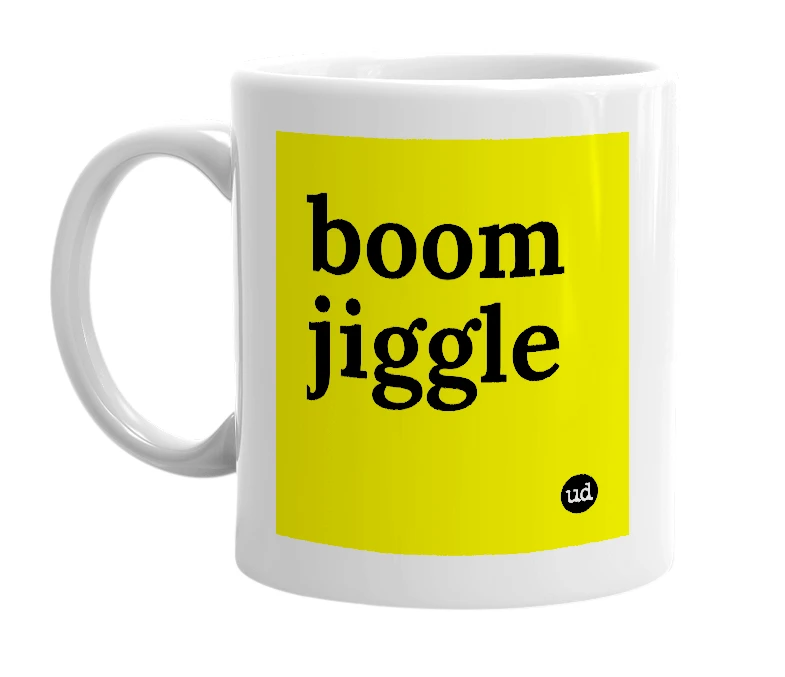 White mug with 'boom jiggle' in bold black letters
