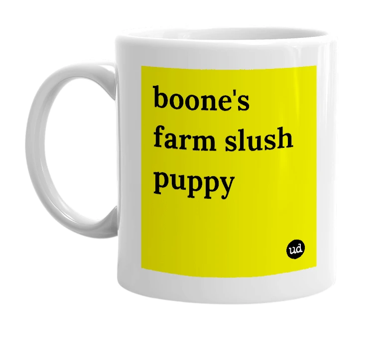 White mug with 'boone's farm slush puppy' in bold black letters
