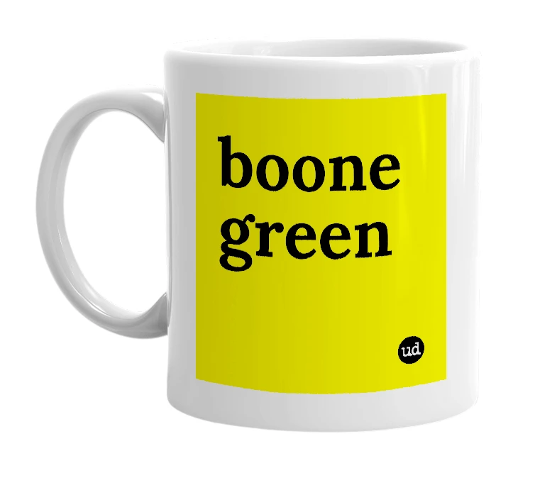 White mug with 'boone green' in bold black letters