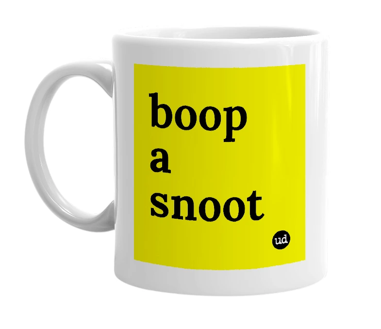 White mug with 'boop a snoot' in bold black letters