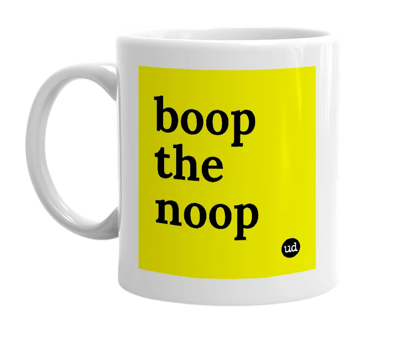 White mug with 'boop the noop' in bold black letters