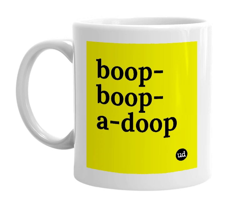 White mug with 'boop-boop-a-doop' in bold black letters