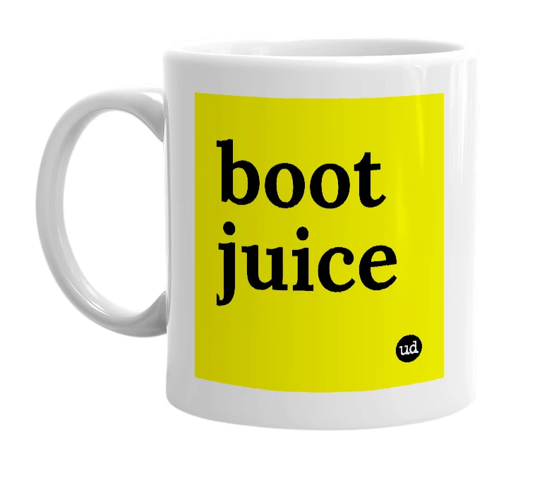 White mug with 'boot juice' in bold black letters