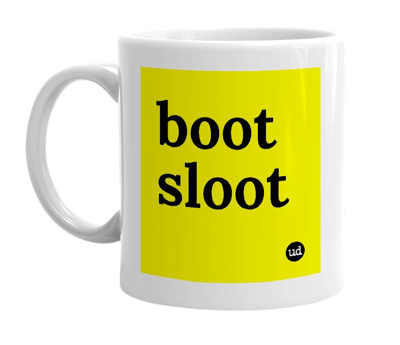 White mug with 'boot sloot' in bold black letters