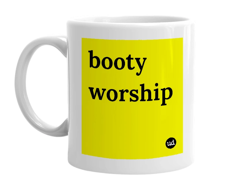 White mug with 'booty worship' in bold black letters
