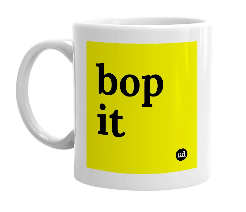 White mug with 'bop it' in bold black letters