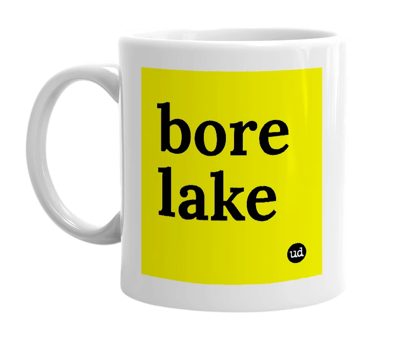 White mug with 'bore lake' in bold black letters