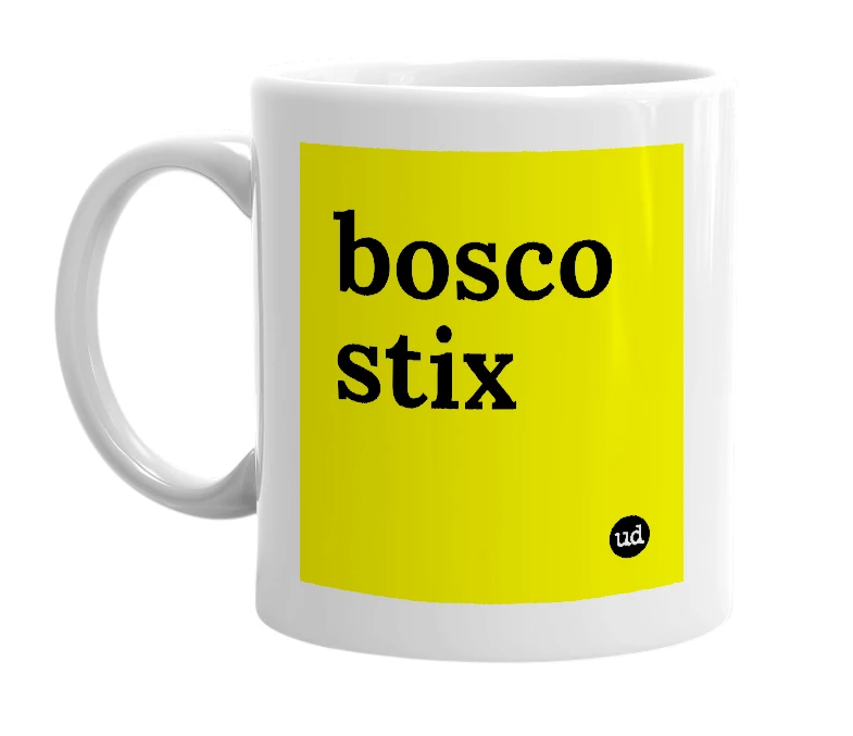 White mug with 'bosco stix' in bold black letters