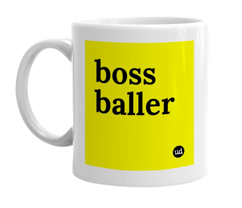 White mug with 'boss baller' in bold black letters