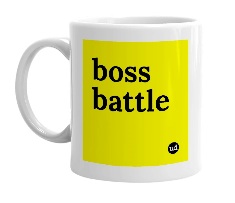 White mug with 'boss battle' in bold black letters