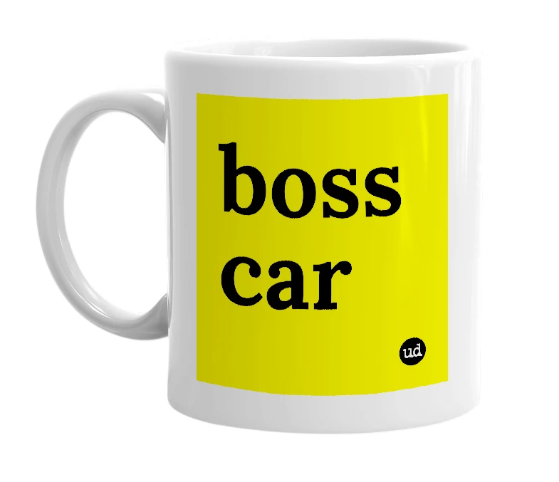White mug with 'boss car' in bold black letters