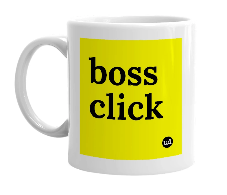 White mug with 'boss click' in bold black letters