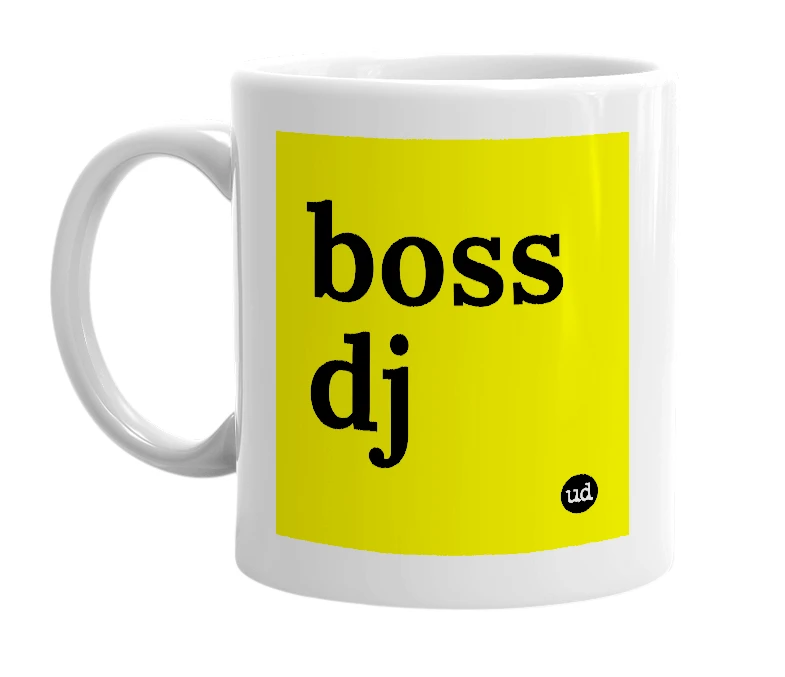 White mug with 'boss dj' in bold black letters