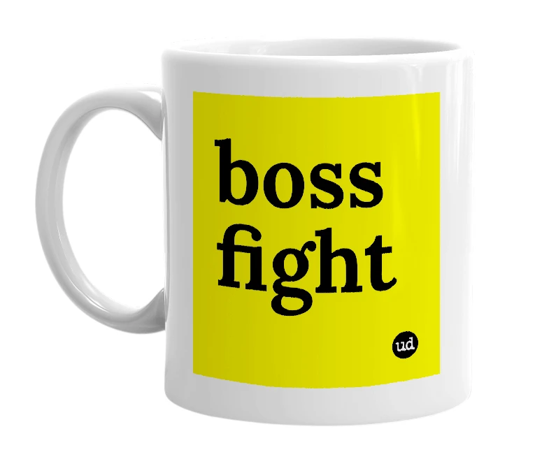 White mug with 'boss fight' in bold black letters