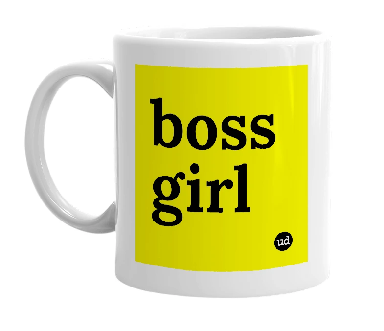 White mug with 'boss girl' in bold black letters