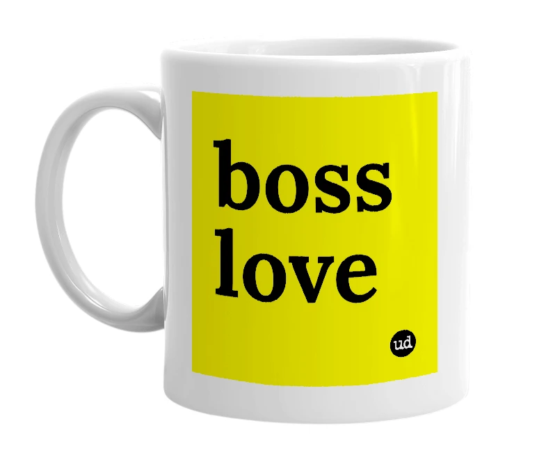 White mug with 'boss love' in bold black letters