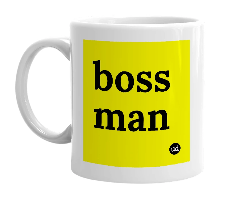 White mug with 'boss man' in bold black letters