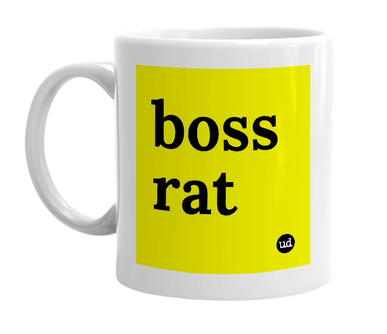 White mug with 'boss rat' in bold black letters