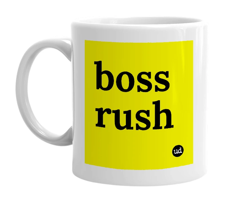 White mug with 'boss rush' in bold black letters