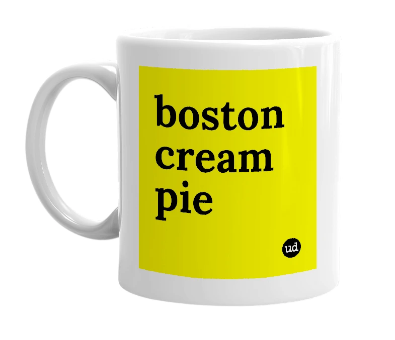 White mug with 'boston cream pie' in bold black letters