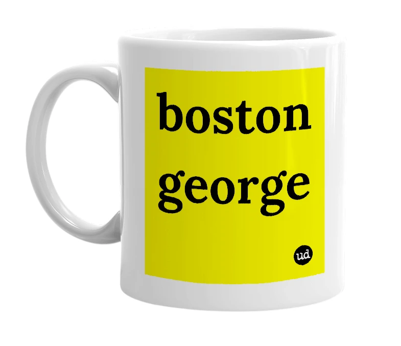 White mug with 'boston george' in bold black letters