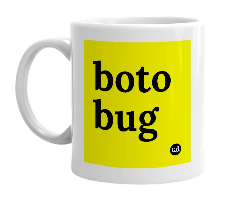 White mug with 'boto bug' in bold black letters