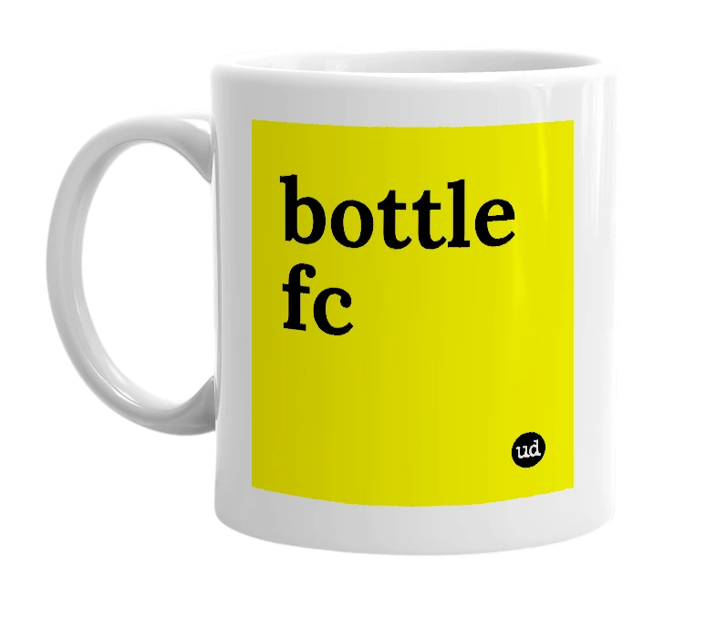 White mug with 'bottle fc' in bold black letters