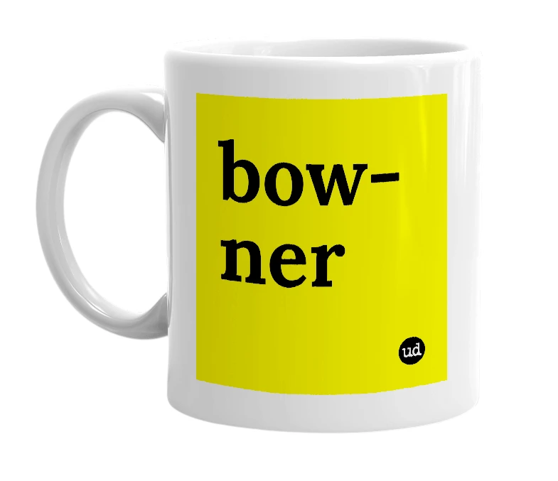 White mug with 'bow-ner' in bold black letters