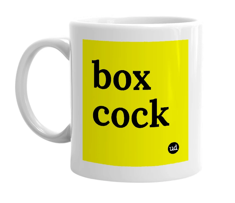 White mug with 'box cock' in bold black letters
