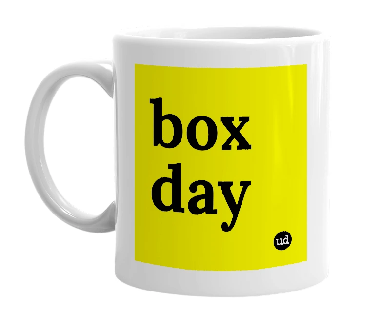 White mug with 'box day' in bold black letters