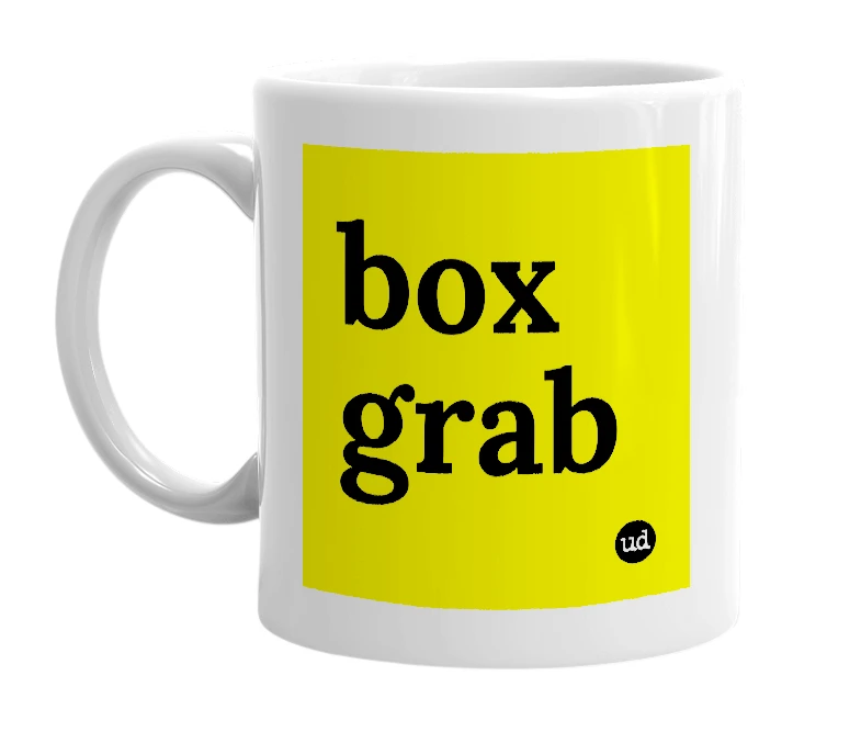 White mug with 'box grab' in bold black letters