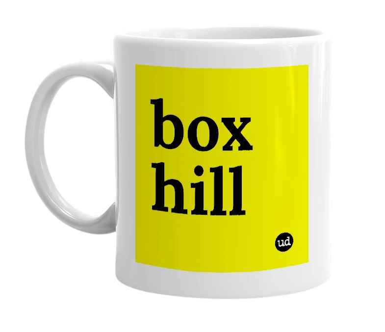 White mug with 'box hill' in bold black letters