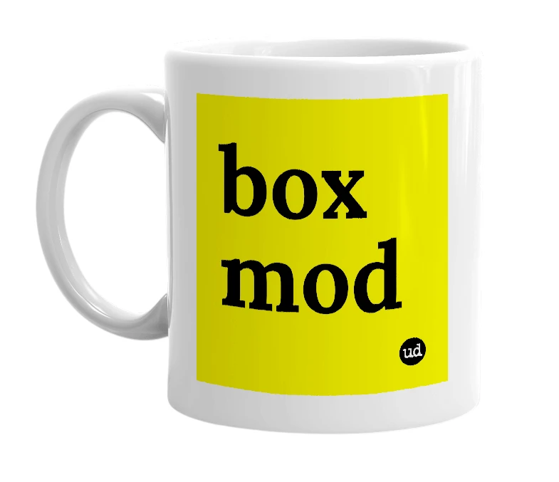 White mug with 'box mod' in bold black letters