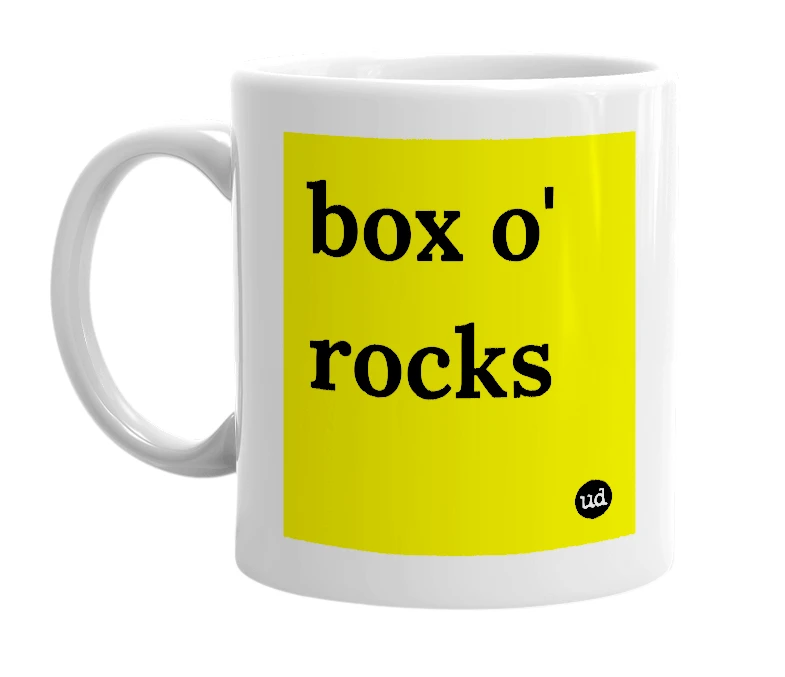 White mug with 'box o' rocks' in bold black letters