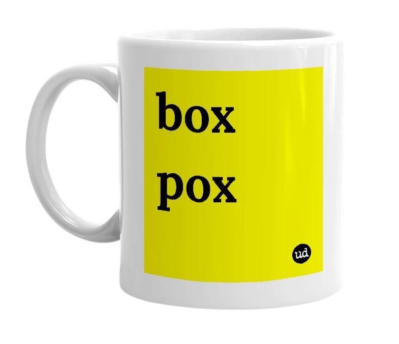 White mug with 'box pox' in bold black letters