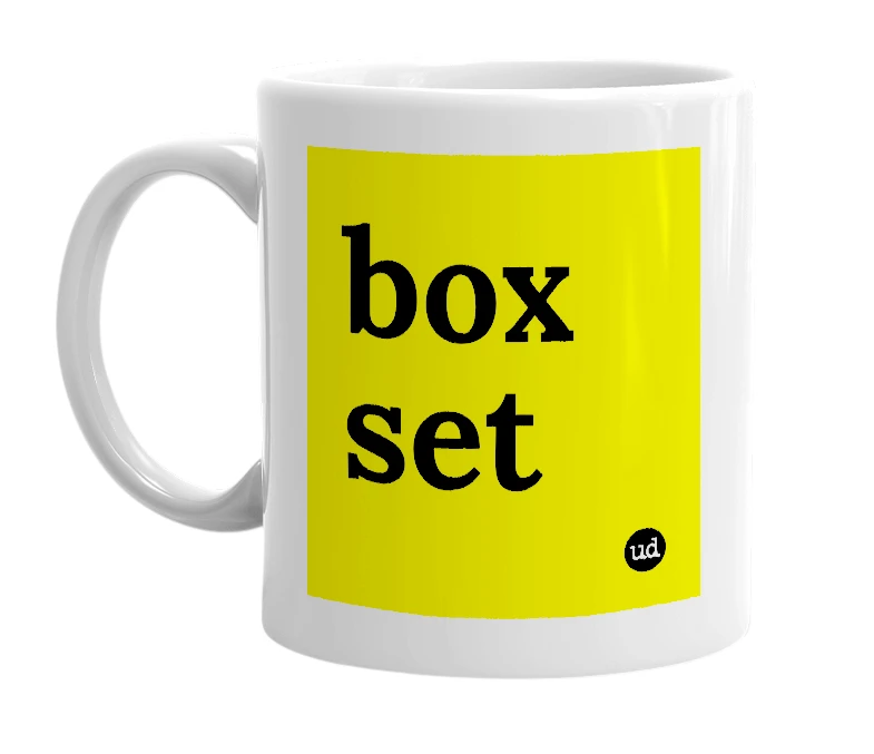White mug with 'box set' in bold black letters