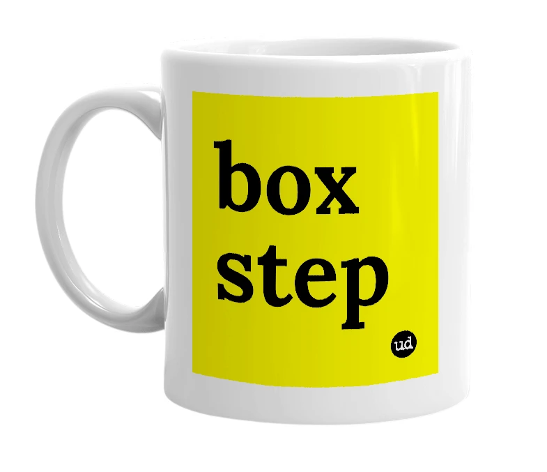 White mug with 'box step' in bold black letters