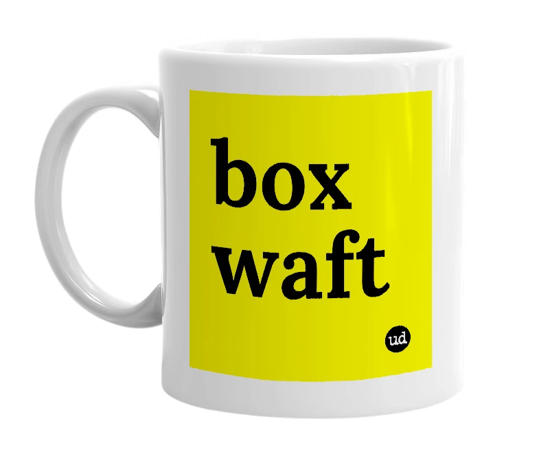 White mug with 'box waft' in bold black letters