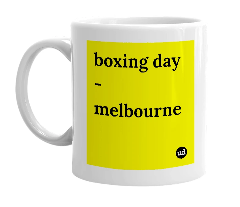 White mug with 'boxing day - melbourne' in bold black letters