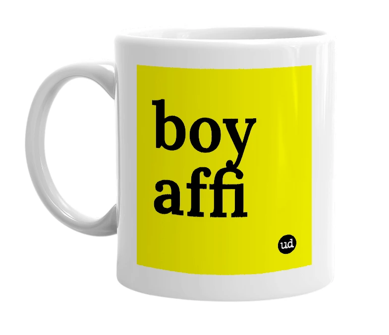 White mug with 'boy affi' in bold black letters