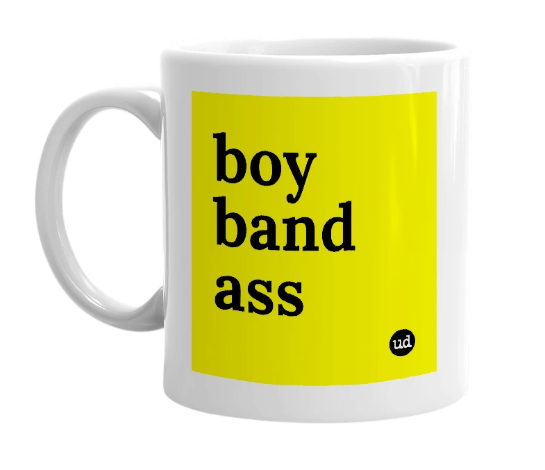 White mug with 'boy band ass' in bold black letters