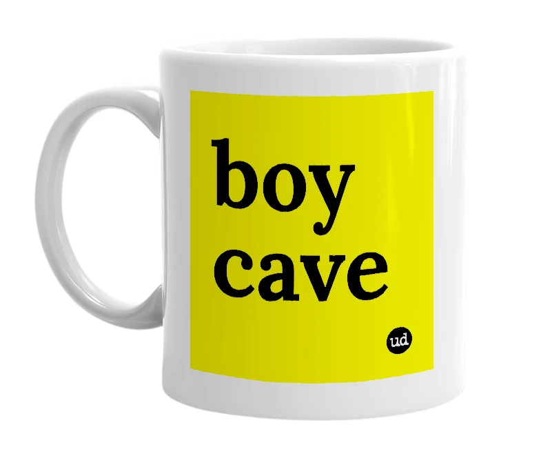 White mug with 'boy cave' in bold black letters